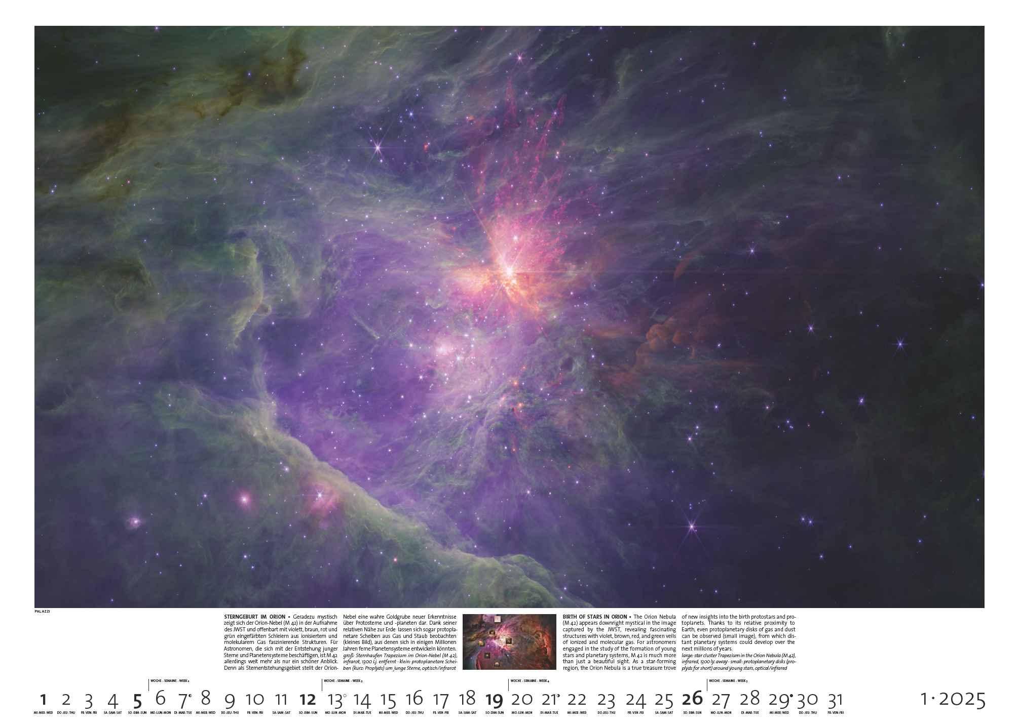 Beispielinhalt (Bild) PALAZZI - Sternzeit 2025 Wandkalender, 70x50cm, Posterkalender mit brillanten Aufnahmen aus unserem Universum, eine astronomische Reise in Zeit und Raum, Textinfos, internationales Kalendarium