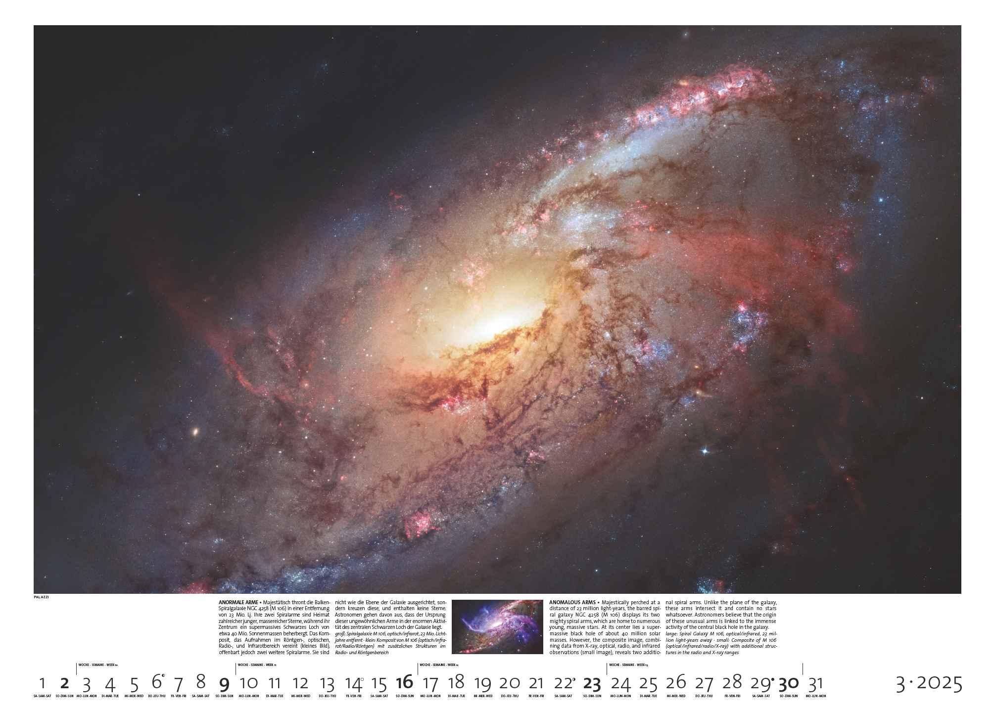 Beispielinhalt (Bild) PALAZZI - Sternzeit 2025 Wandkalender, 70x50cm, Posterkalender mit brillanten Aufnahmen aus unserem Universum, eine astronomische Reise in Zeit und Raum, Textinfos, internationales Kalendarium