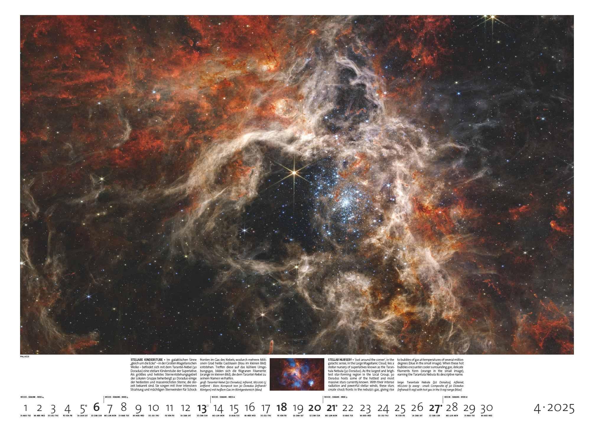 Beispielinhalt (Bild) PALAZZI - Sternzeit 2025 Wandkalender, 70x50cm, Posterkalender mit brillanten Aufnahmen aus unserem Universum, eine astronomische Reise in Zeit und Raum, Textinfos, internationales Kalendarium