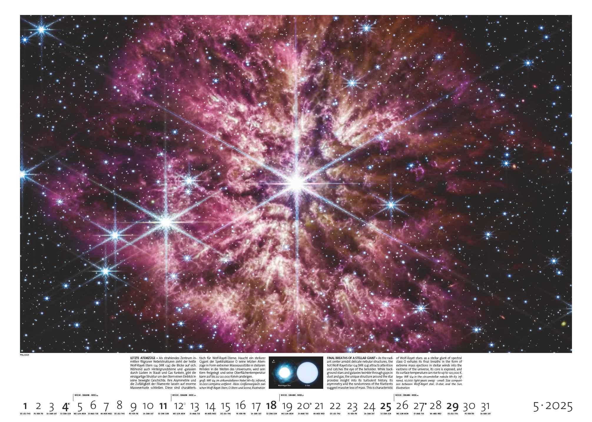 Beispielinhalt (Bild) PALAZZI - Sternzeit 2025 Wandkalender, 70x50cm, Posterkalender mit brillanten Aufnahmen aus unserem Universum, eine astronomische Reise in Zeit und Raum, Textinfos, internationales Kalendarium