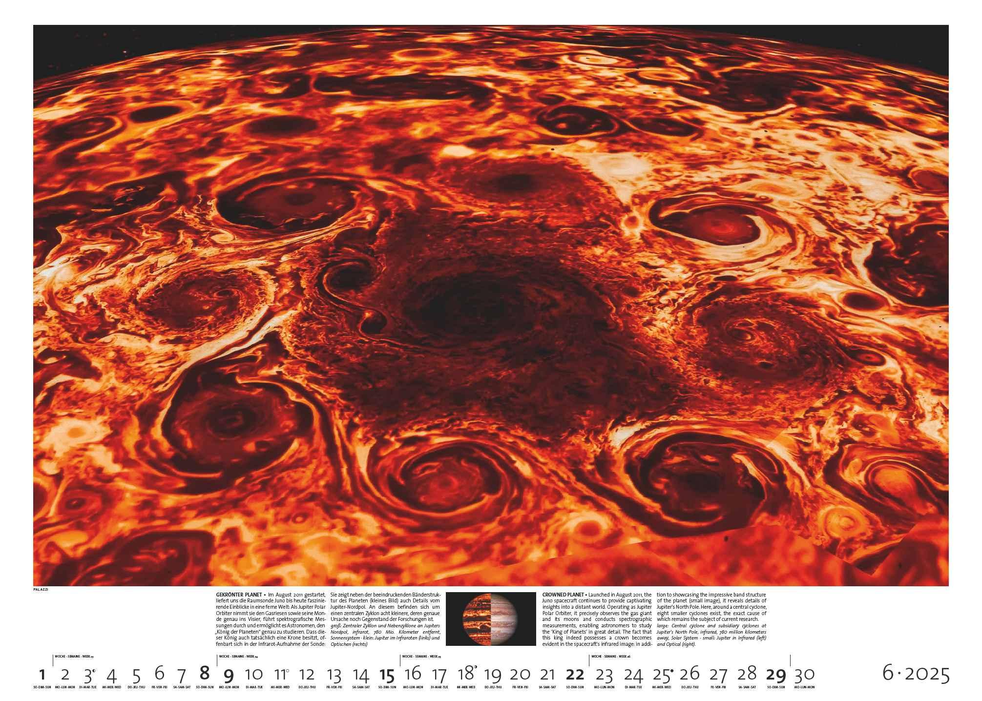 Beispielinhalt (Bild) PALAZZI - Sternzeit 2025 Wandkalender, 70x50cm, Posterkalender mit brillanten Aufnahmen aus unserem Universum, eine astronomische Reise in Zeit und Raum, Textinfos, internationales Kalendarium