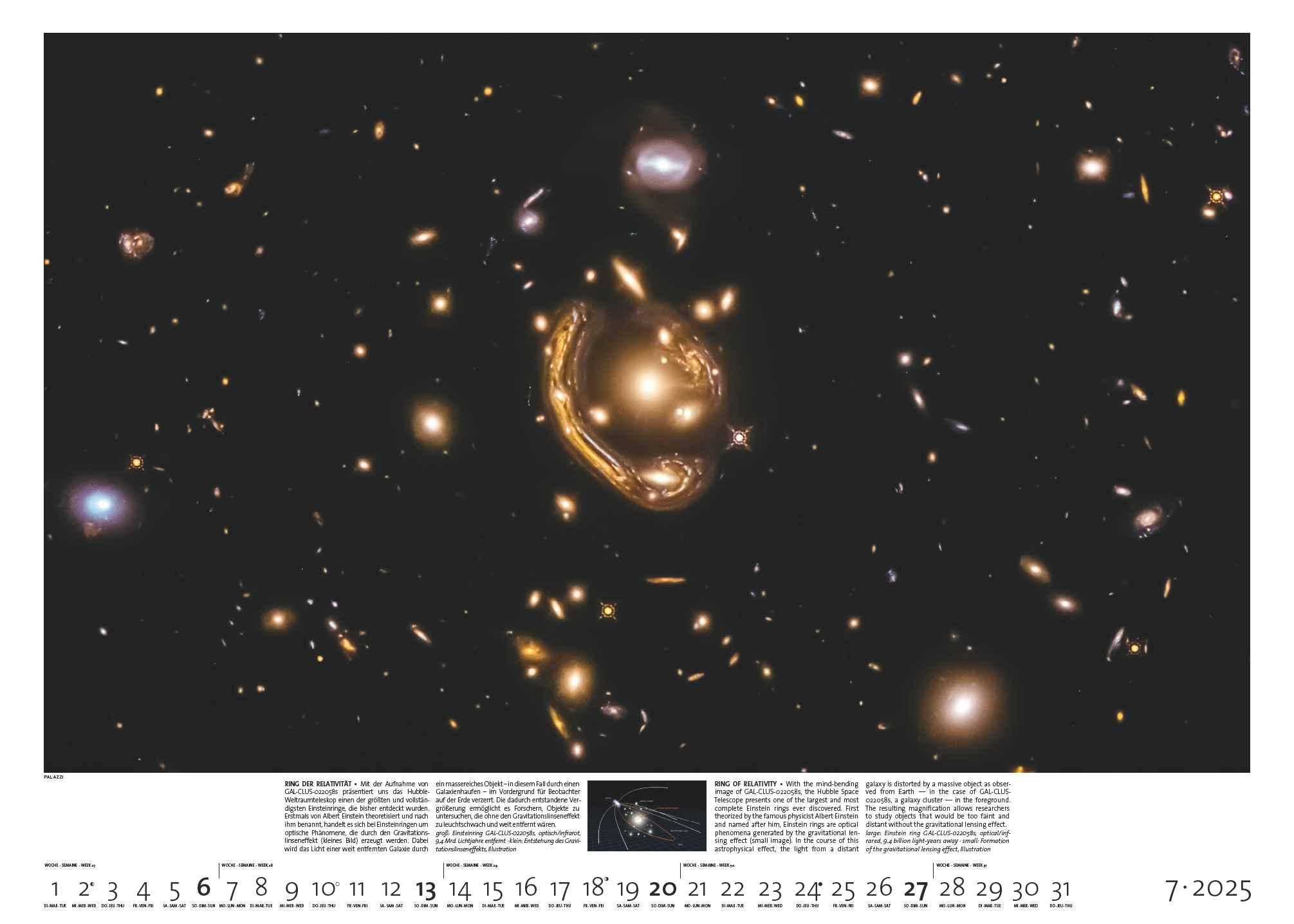 Beispielinhalt (Bild) PALAZZI - Sternzeit 2025 Wandkalender, 70x50cm, Posterkalender mit brillanten Aufnahmen aus unserem Universum, eine astronomische Reise in Zeit und Raum, Textinfos, internationales Kalendarium