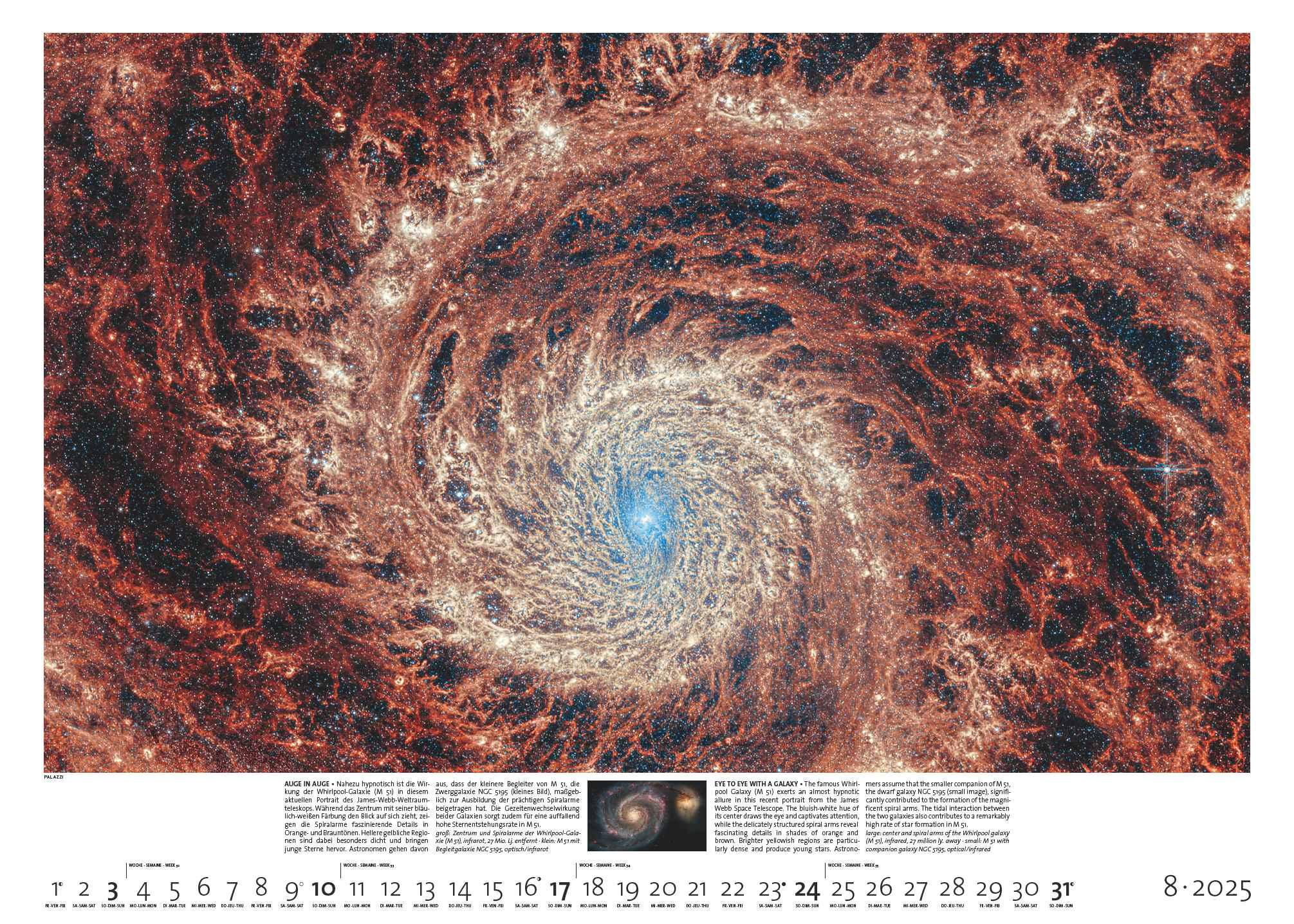 Beispielinhalt (Bild) PALAZZI - Sternzeit 2025 Wandkalender, 70x50cm, Posterkalender mit brillanten Aufnahmen aus unserem Universum, eine astronomische Reise in Zeit und Raum, Textinfos, internationales Kalendarium