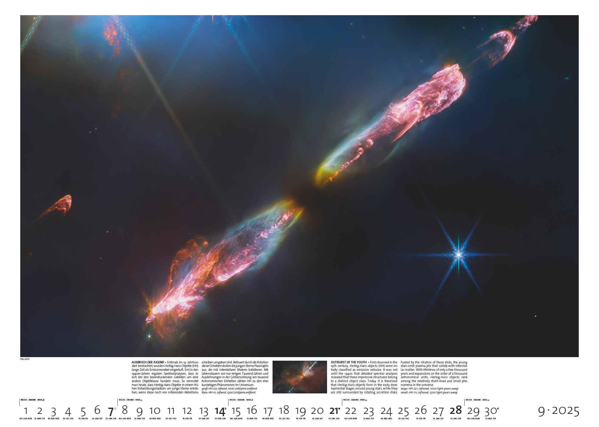 Beispielinhalt (Bild) PALAZZI - Sternzeit 2025 Wandkalender, 70x50cm, Posterkalender mit brillanten Aufnahmen aus unserem Universum, eine astronomische Reise in Zeit und Raum, Textinfos, internationales Kalendarium