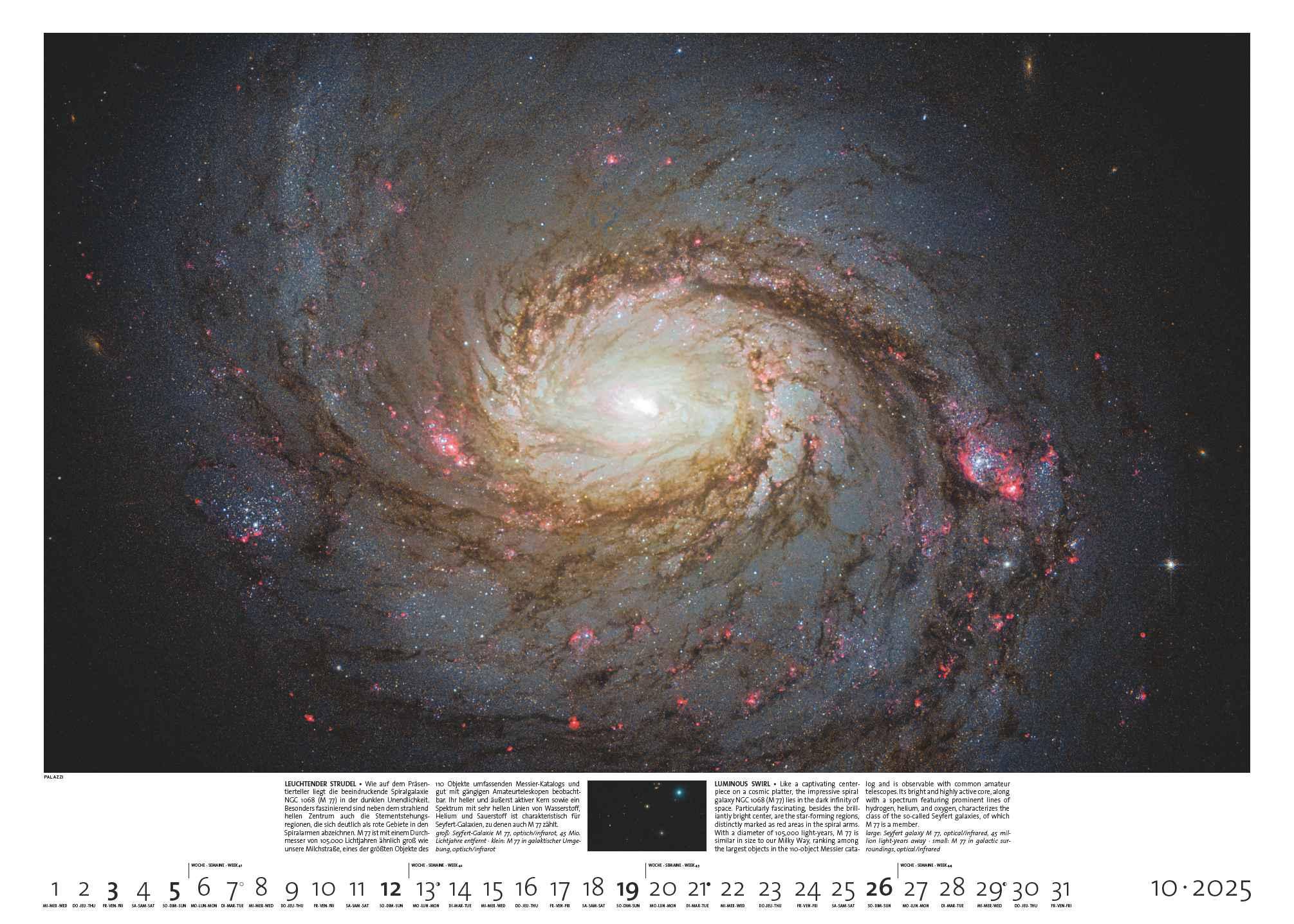 Beispielinhalt (Bild) PALAZZI - Sternzeit 2025 Wandkalender, 70x50cm, Posterkalender mit brillanten Aufnahmen aus unserem Universum, eine astronomische Reise in Zeit und Raum, Textinfos, internationales Kalendarium