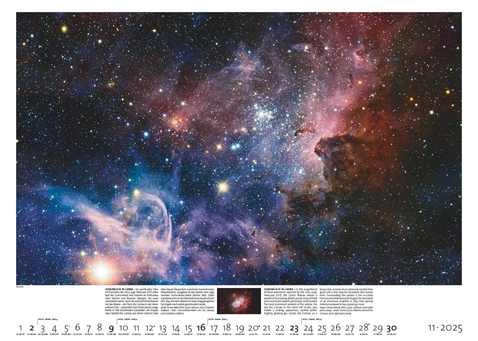 Beispielinhalt (Bild) PALAZZI - Sternzeit 2025 Wandkalender, 70x50cm, Posterkalender mit brillanten Aufnahmen aus unserem Universum, eine astronomische Reise in Zeit und Raum, Textinfos, internationales Kalendarium