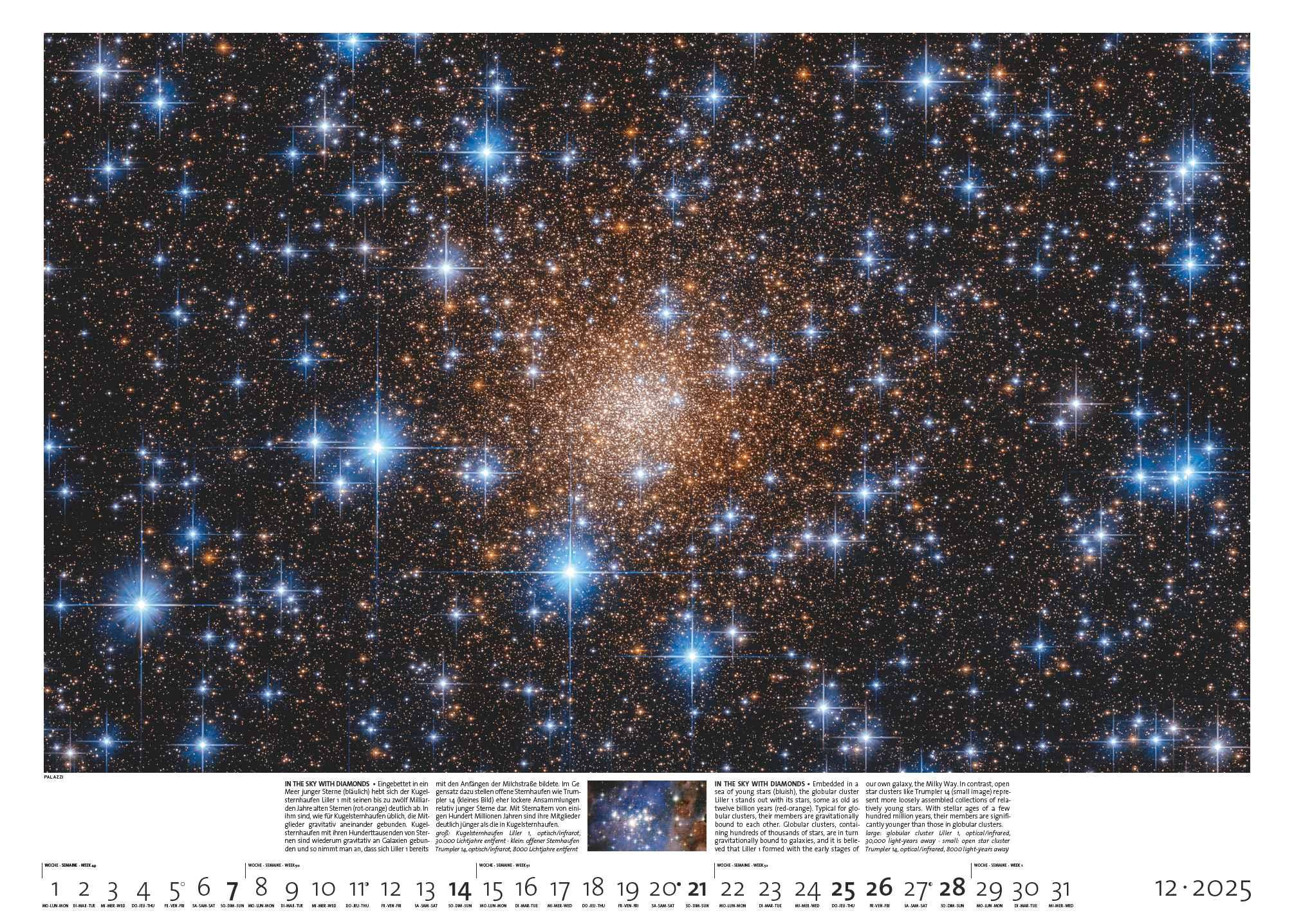 Beispielinhalt (Bild) PALAZZI - Sternzeit 2025 Wandkalender, 70x50cm, Posterkalender mit brillanten Aufnahmen aus unserem Universum, eine astronomische Reise in Zeit und Raum, Textinfos, internationales Kalendarium