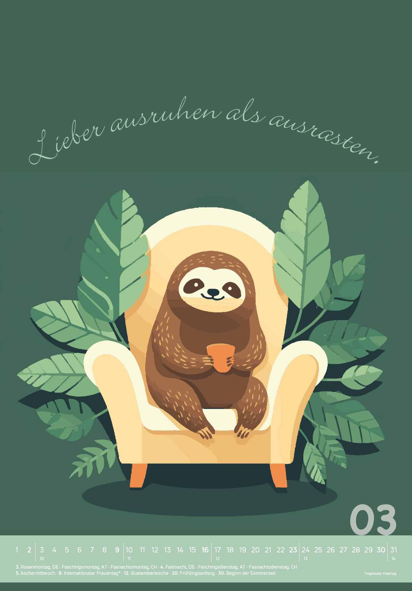 Beispielinhalt (Bild) Der total gechillte Faultierkalender 2025 - Bild-Kalender 23,7x34 cm - mit witzigen Sprüchen - Humor - Cartoons - Wandkalender - Alpha Edition