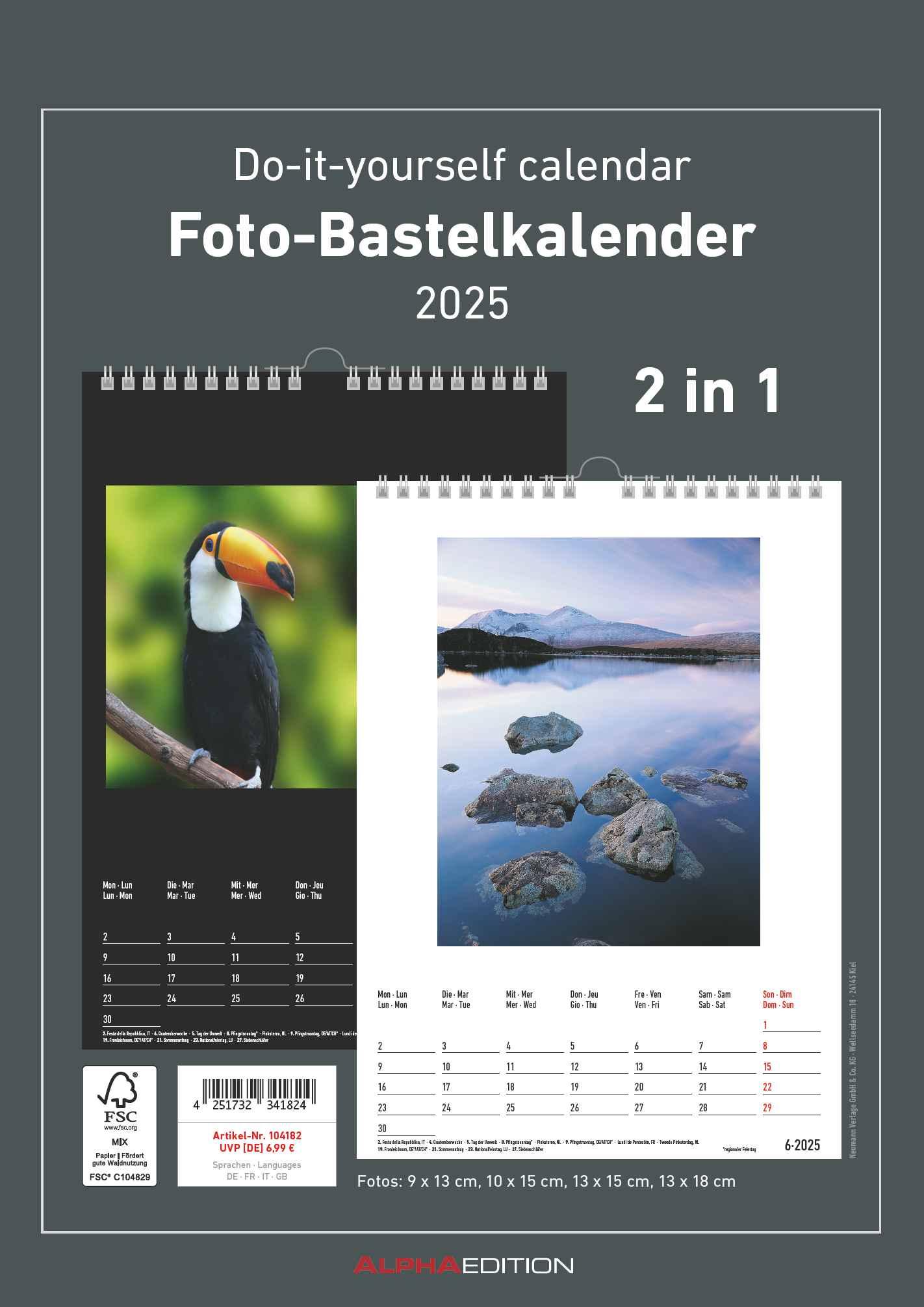 Vorderes Coverbild Foto-Bastelkalender 2025 - 2 in 1: schwarz und weiss - 21 x 29,7 - Do it yourself calendar A4 - datiert - Foto-Kalender - Alpha Edition