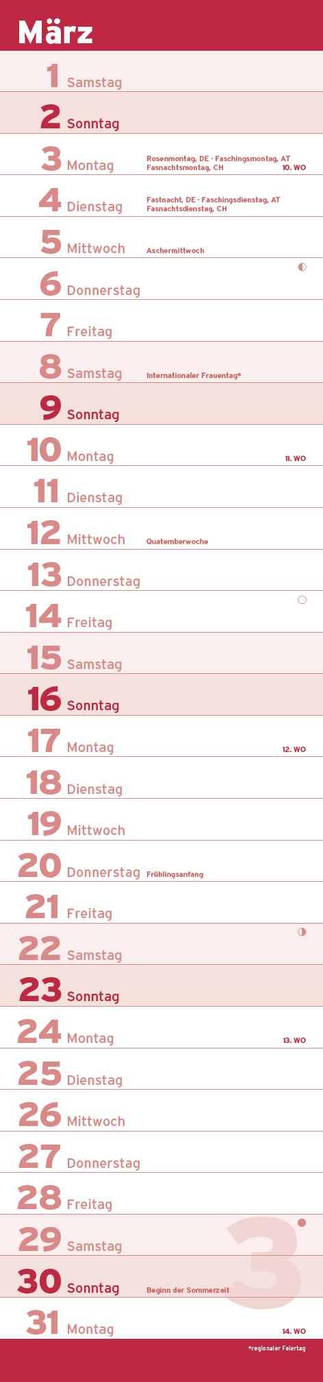 Beispielinhalt (Bild) Notizkalender XL Rot 2025 - Streifenkalender 15x64 cm - Wandplaner - Küchenkalender - schmales Design - eine Spalte - Langplaner