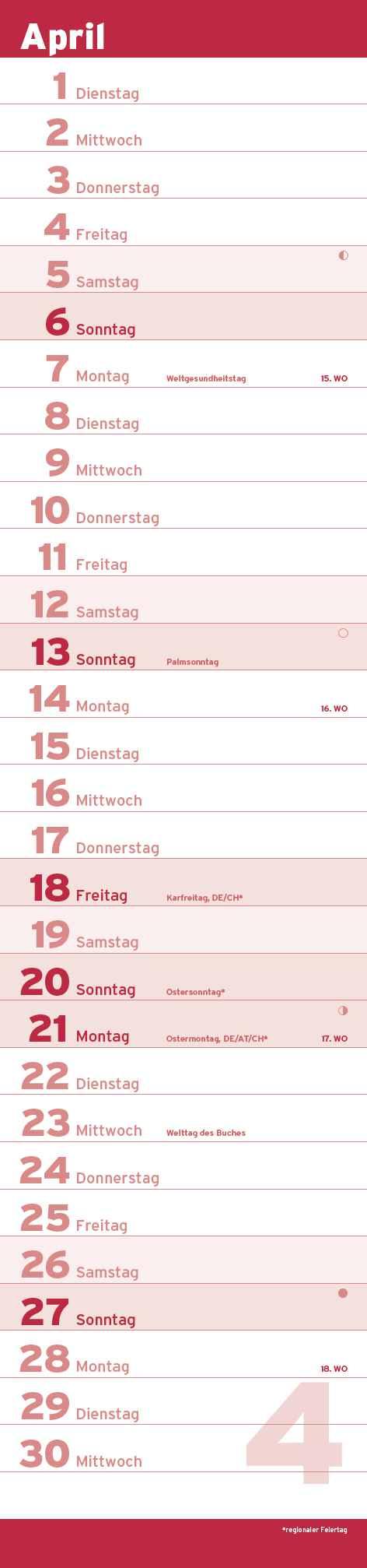 Beispielinhalt (Bild) Notizkalender XL Rot 2025 - Streifenkalender 15x64 cm - Wandplaner - Küchenkalender - schmales Design - eine Spalte - Langplaner