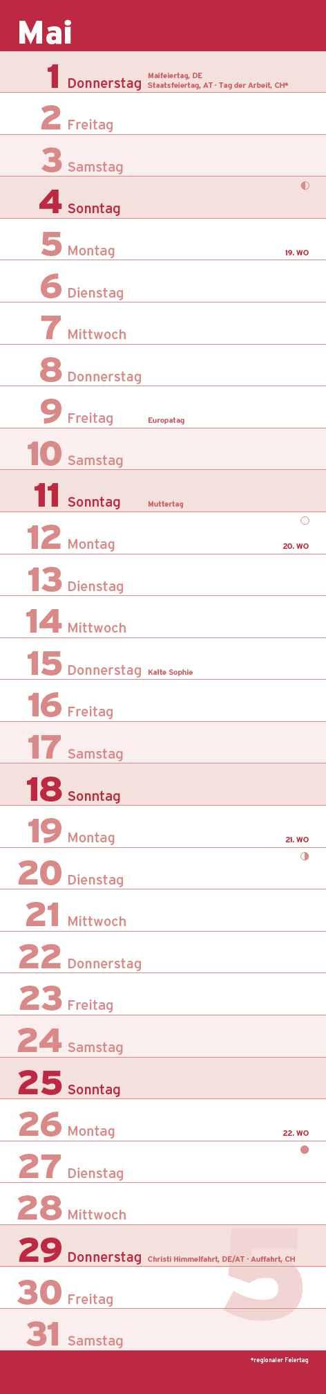 Beispielinhalt (Bild) Notizkalender XL Rot 2025 - Streifenkalender 15x64 cm - Wandplaner - Küchenkalender - schmales Design - eine Spalte - Langplaner