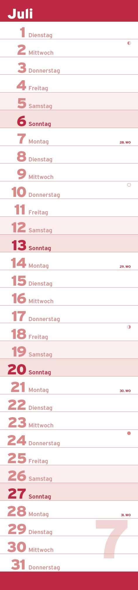 Beispielinhalt (Bild) Notizkalender XL Rot 2025 - Streifenkalender 15x64 cm - Wandplaner - Küchenkalender - schmales Design - eine Spalte - Langplaner