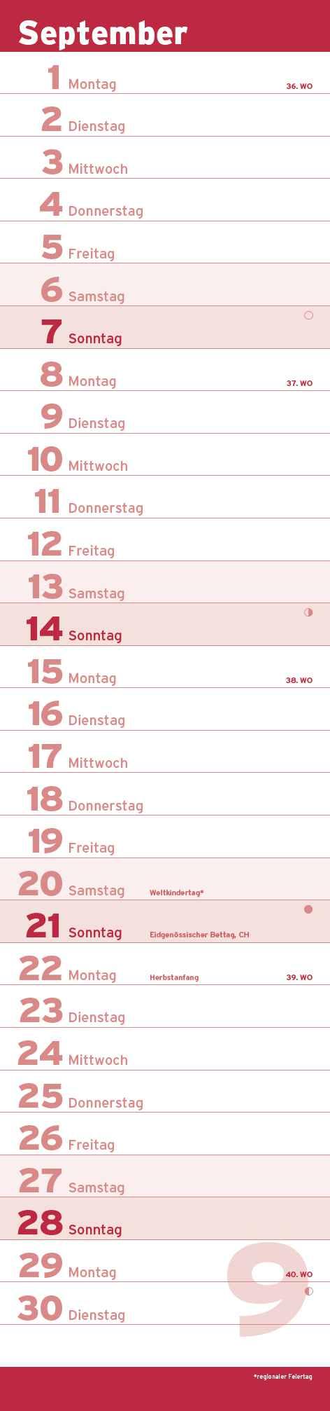 Beispielinhalt (Bild) Notizkalender XL Rot 2025 - Streifenkalender 15x64 cm - Wandplaner - Küchenkalender - schmales Design - eine Spalte - Langplaner