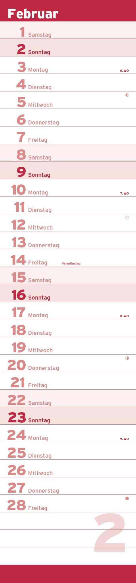 Beispielinhalt (Bild) Notizkalender XL Rot 2025 - Streifenkalender 15x64 cm - Wandplaner - Küchenkalender - schmales Design - eine Spalte - Langplaner