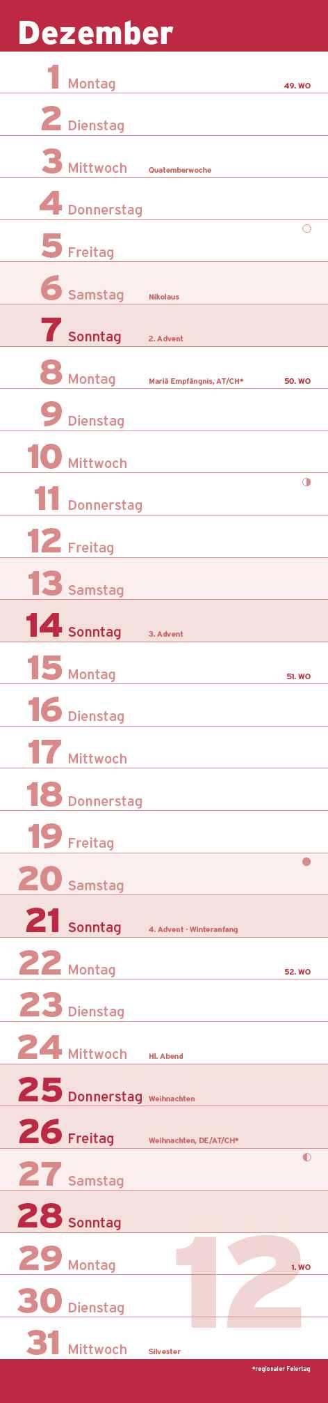 Beispielinhalt (Bild) Notizkalender XL Rot 2025 - Streifenkalender 15x64 cm - Wandplaner - Küchenkalender - schmales Design - eine Spalte - Langplaner