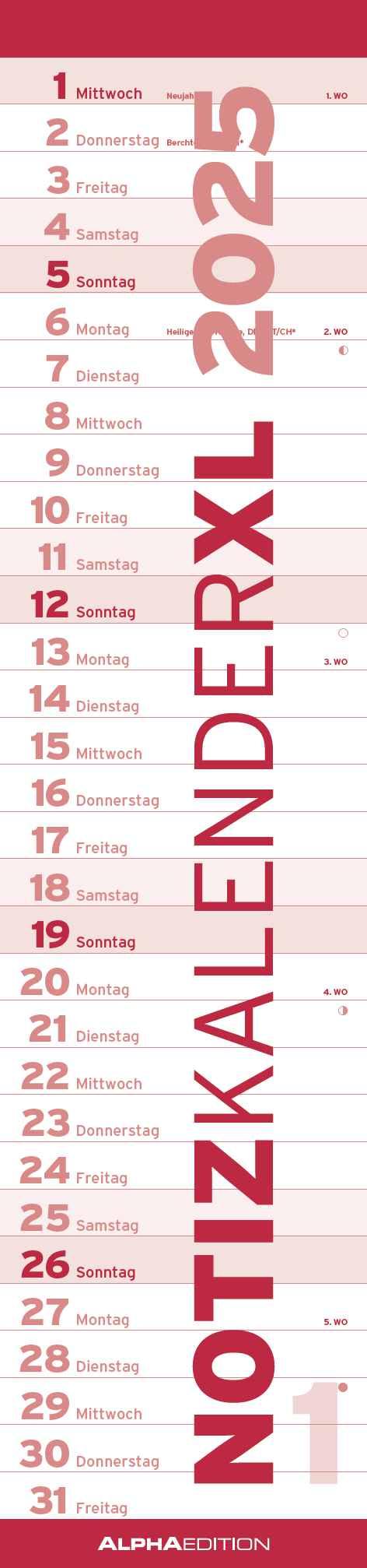 Vorderes Coverbild Notizkalender XL Rot 2025 - Streifenkalender 15x64 cm - Wandplaner - Küchenkalender - schmales Design - eine Spalte - Langplaner