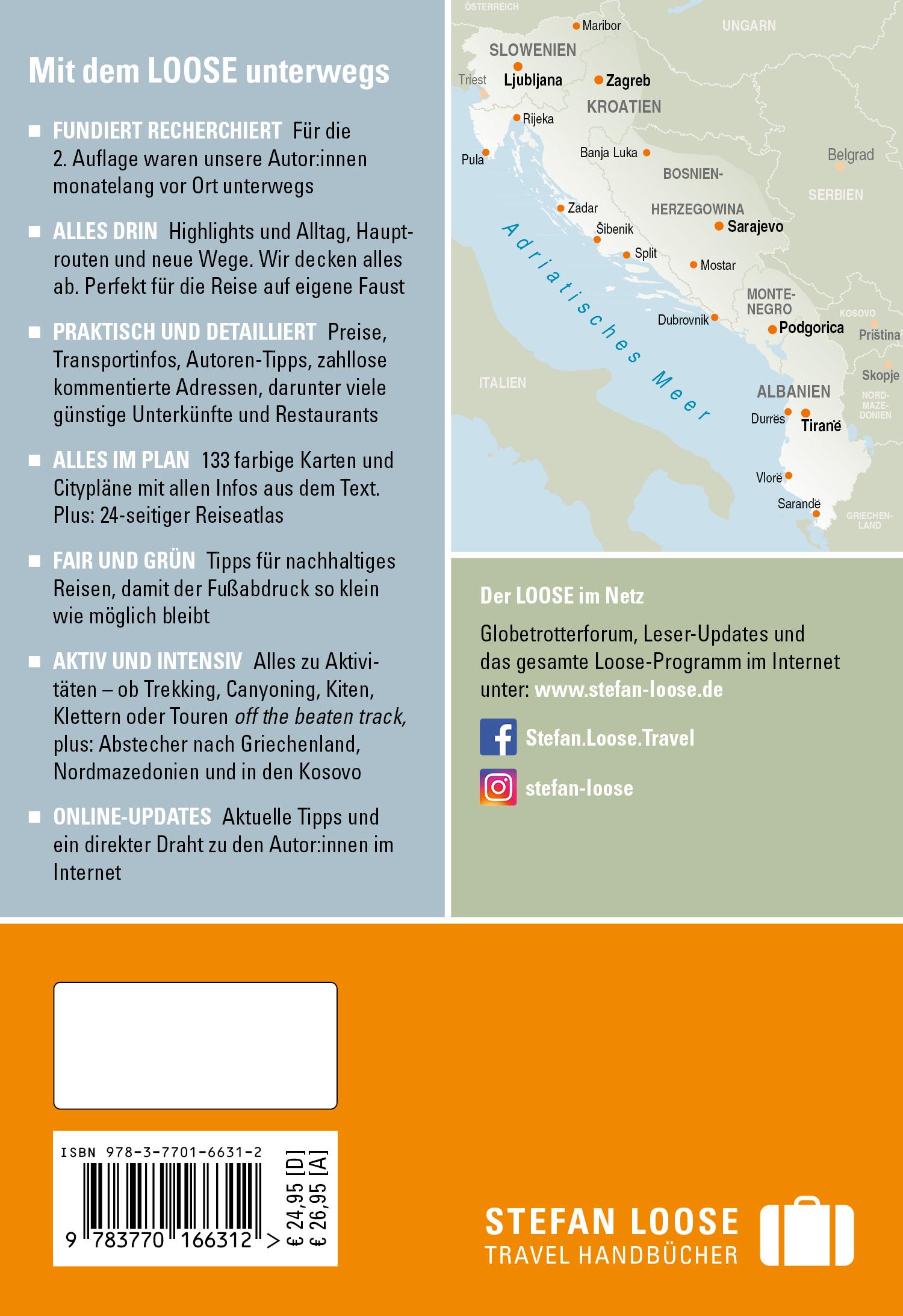 Rückseitencover Stefan Loose Reiseführer Balkan, Die Adria-Route. Slowenien, Kroatien, Bosnien und Herzegowina, Montenegro, Albanien