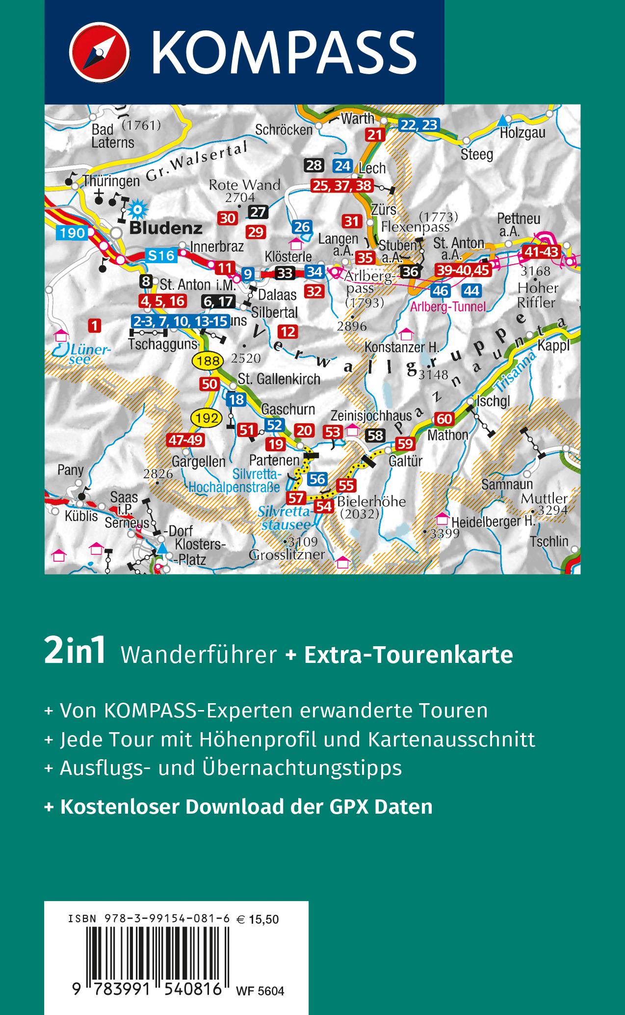 Rückseitencover KOMPASS Wanderführer Montafon, Arlberg, Silvretta, 60 Touren mit Extra-Tourenkarte