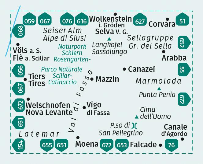 Beispielinhalt (Bild) KOMPASS Wanderkarte 650 Val di Fassa, Marmolada, Dolomiti Fassane 1:25.000
