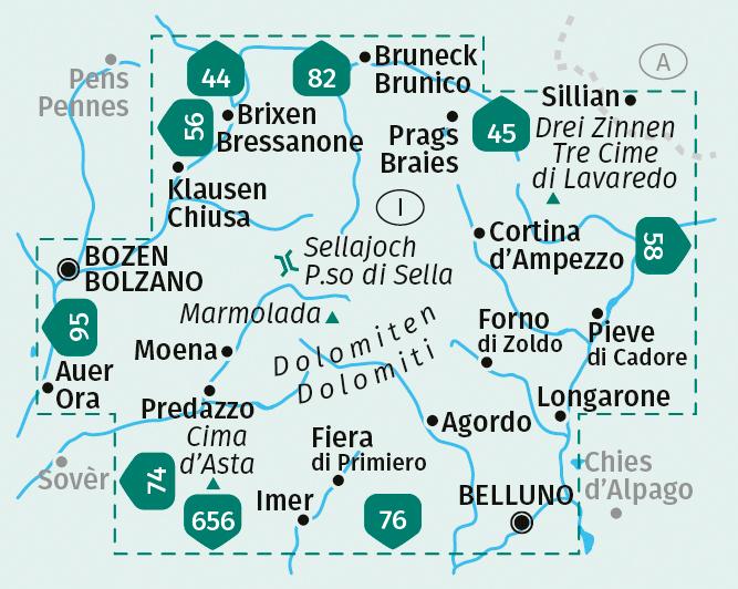 Beispielinhalt (Bild) KOMPASS Wanderkarten-Set 672 Dolomiten, Dolomiti, Dolomites (4 Karten) 1:35.000