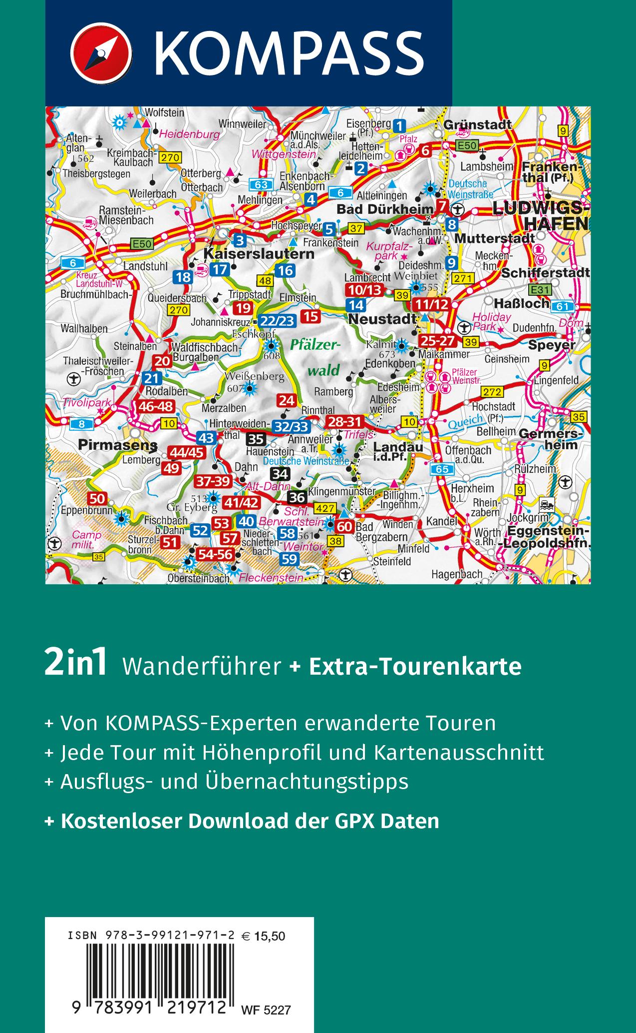 Rückseitencover KOMPASS Wanderführer Pfälzerwald und Deutsche Weinstraße, 60 Touren mit Extra-Tourenkarte