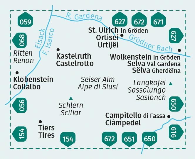 Beispielinhalt (Bild) KOMPASS Wanderkarte 076 Gröden, Seiser Alm / Val Gardena, Alpe di Siusi 1:25.000