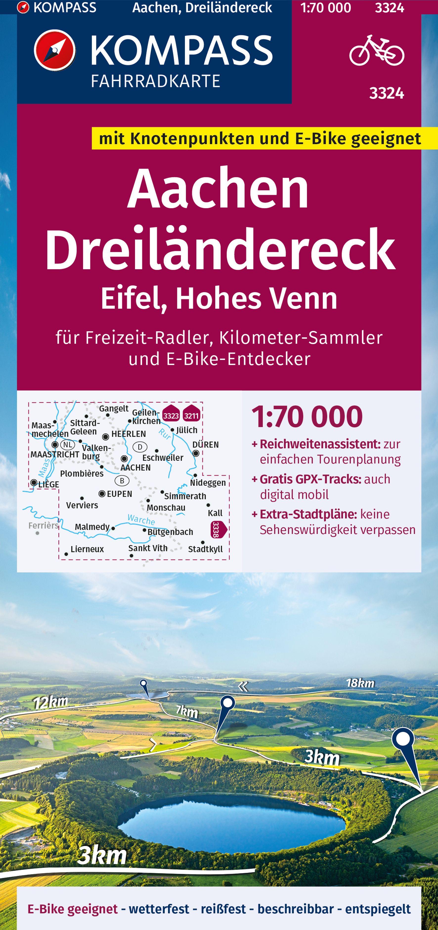 Vorderes Coverbild KOMPASS Fahrradkarte 3324 Aachen, Dreiländereck, Eifel, Hohes Venn mit Knotenpunkten 1:70.000