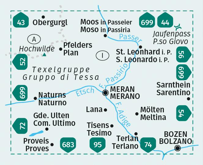 Beispielinhalt (Bild) KOMPASS Wanderkarte 53 Meran und Umgebung / Merano e dintorni 1:50.000