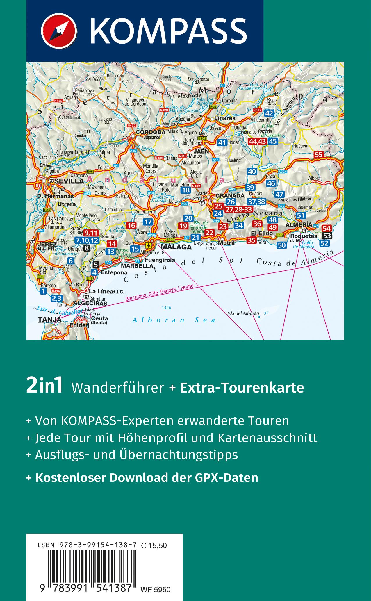 Rückseitencover KOMPASS Wanderführer Südliches Andalusien, Costa de la Luz, Costa del Sol, Costa Tropical und Costa Almeria, 55 Touren mit Extra-Tourenkarte