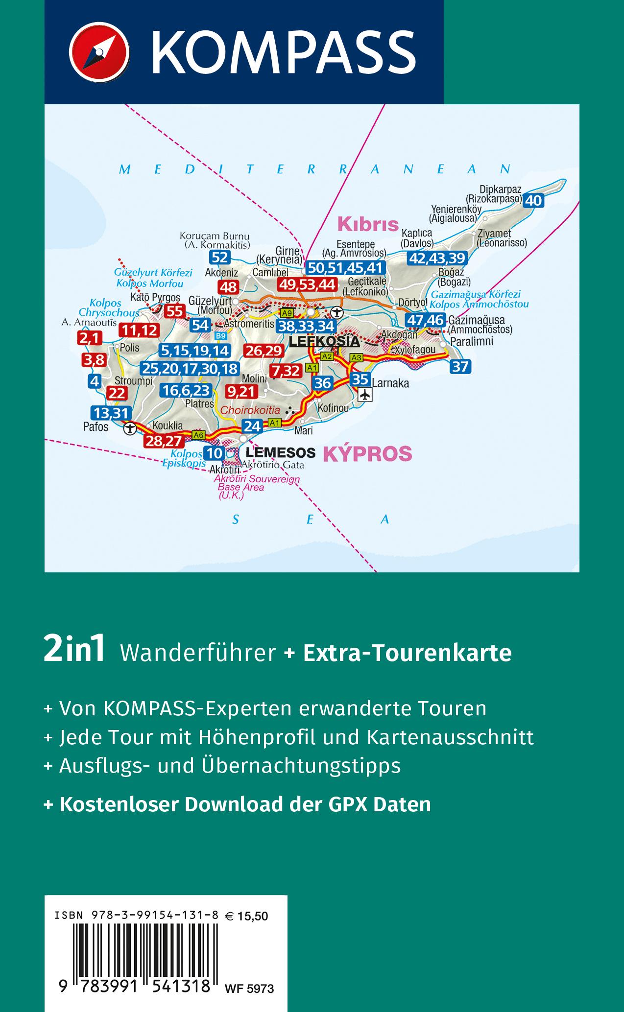 Rückseitencover KOMPASS Wanderführer Zypern, 55 Touren mit Extra-Tourenkarte