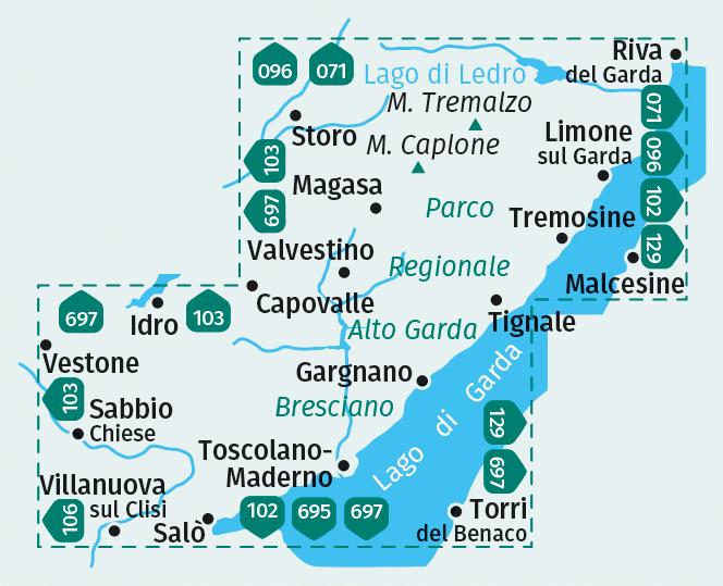 Beispielinhalt (Bild) KOMPASS Wanderkarte 689 Parco Alto Garda, Bresciano, Limone sul Garda, Tremosine, Tignale, Salò, Gargnano, Toscolano Maderno, Valvestino 1:25.000