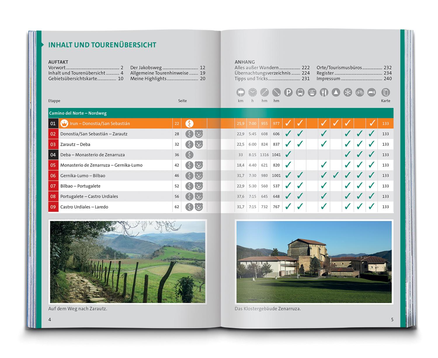 Beispielinhalt (Bild) KOMPASS Wanderführer Jakobsweg Camino del Norte, 36 Etappen mit Extra-Tourenkarte