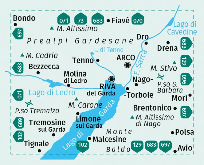 Beispielinhalt (Bild) KOMPASS Wanderkarte 659 Gardasee Nord / Alto Garda, Riva del Garda, Arco, Fiavé, Torbole, Malcesine, Monte Baldo Nord, Ledro, Limone sul Garda 1:25.000