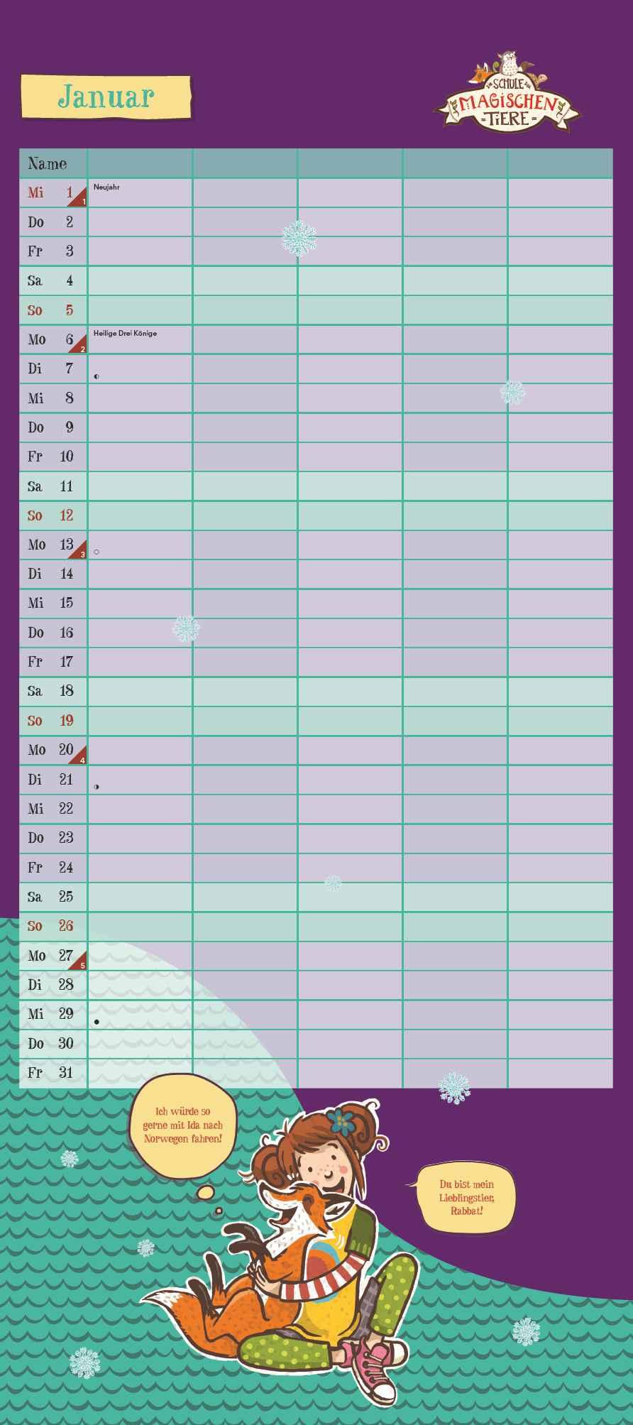 Beispielinhalt (Bild) Schule der magischen Tiere Familienkalender 2025 - Wandkalender - Familienplaner mit 5 Spalten - Format 22 x 49,5 cm