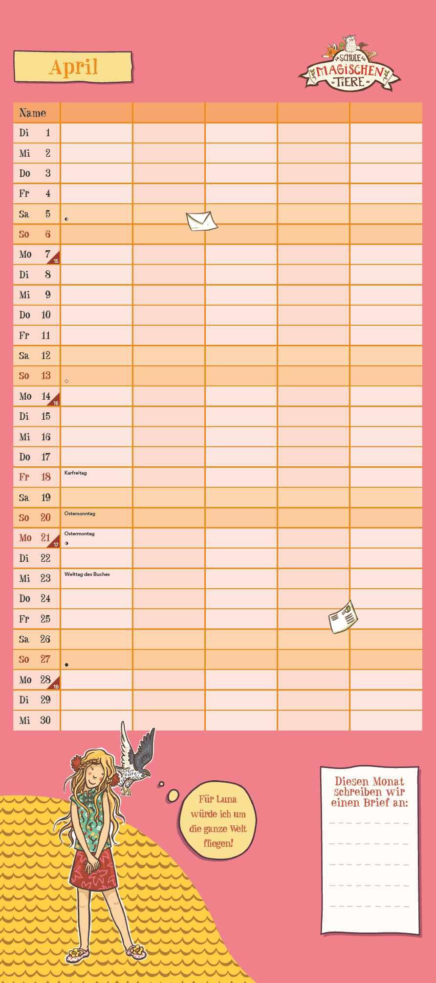 Beispielinhalt (Bild) Schule der magischen Tiere Familienkalender 2025 - Wandkalender - Familienplaner mit 5 Spalten - Format 22 x 49,5 cm