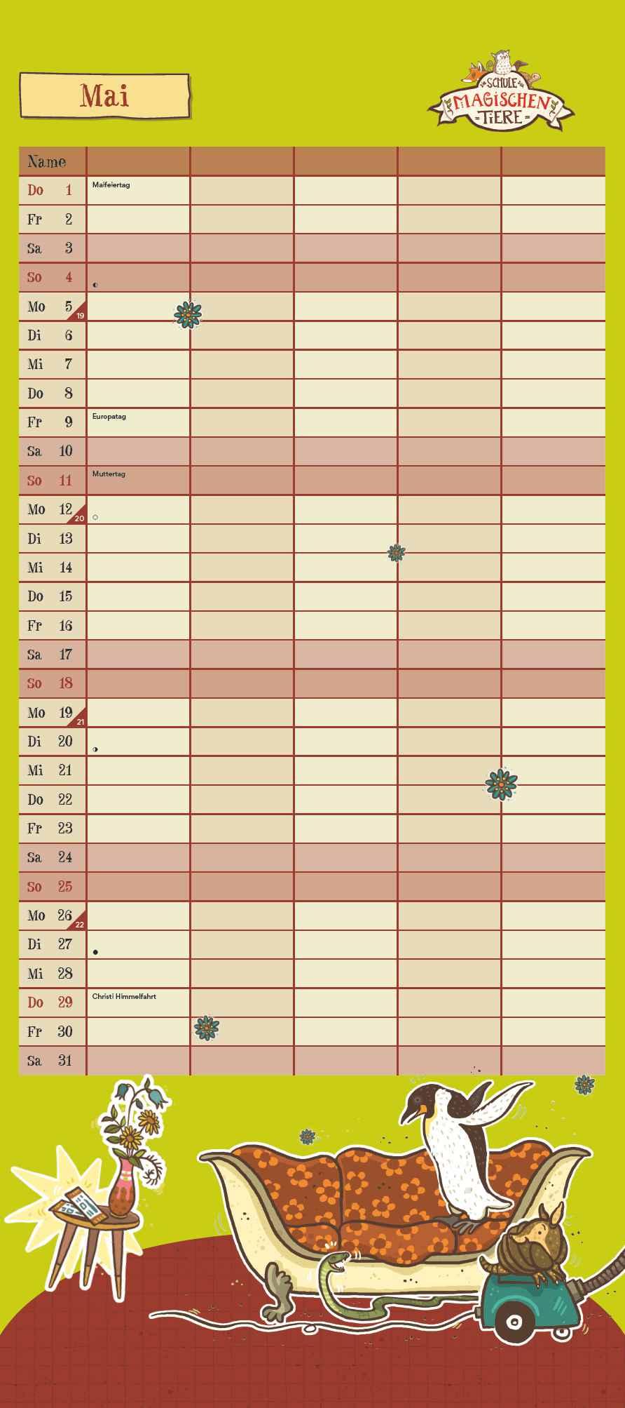 Beispielinhalt (Bild) Schule der magischen Tiere Familienkalender 2025 - Wandkalender - Familienplaner mit 5 Spalten - Format 22 x 49,5 cm