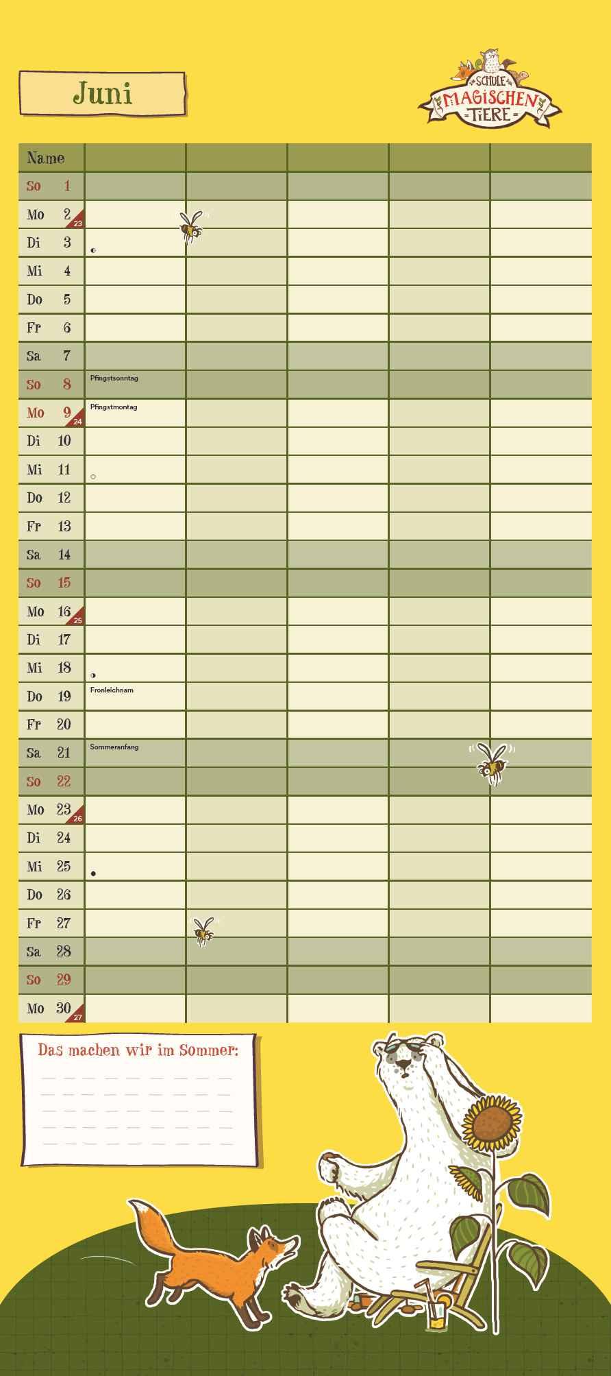 Beispielinhalt (Bild) Schule der magischen Tiere Familienkalender 2025 - Wandkalender - Familienplaner mit 5 Spalten - Format 22 x 49,5 cm