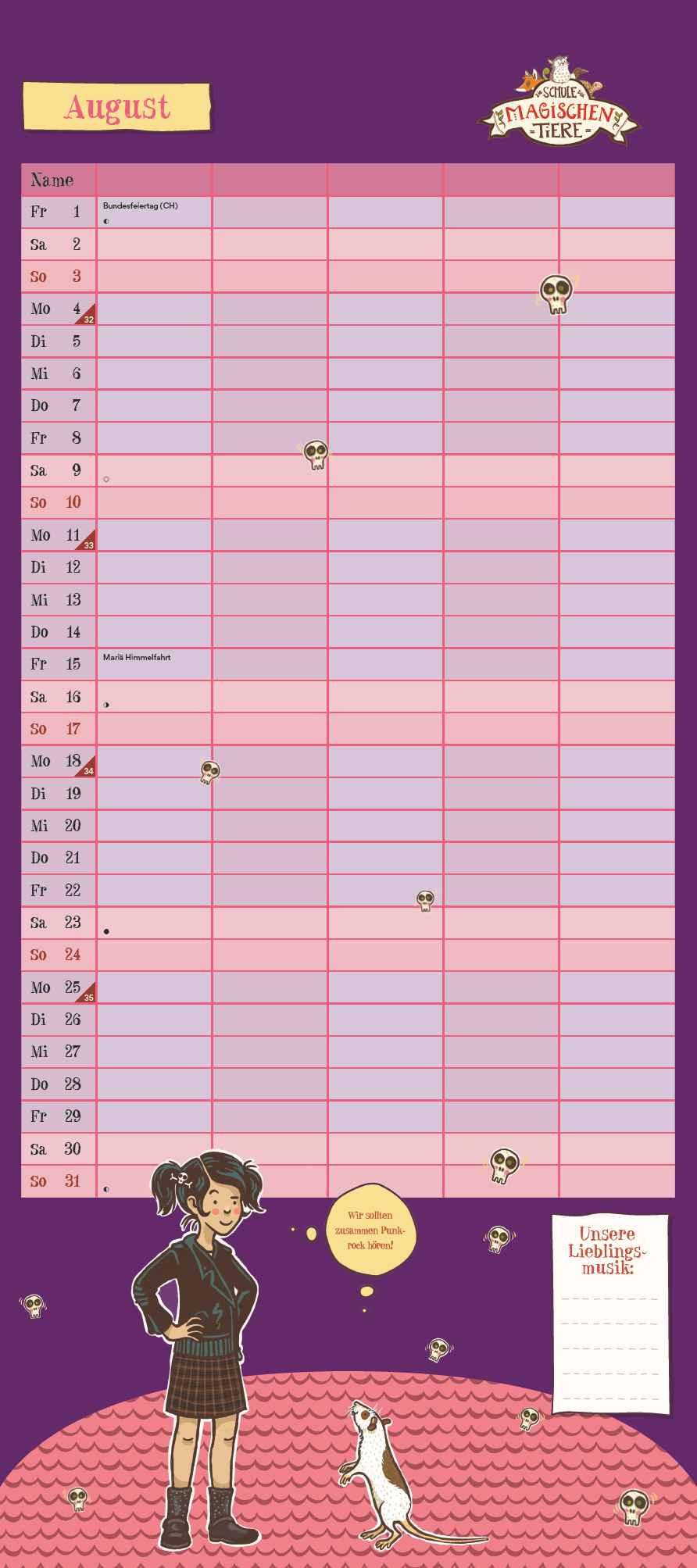 Beispielinhalt (Bild) Schule der magischen Tiere Familienkalender 2025 - Wandkalender - Familienplaner mit 5 Spalten - Format 22 x 49,5 cm