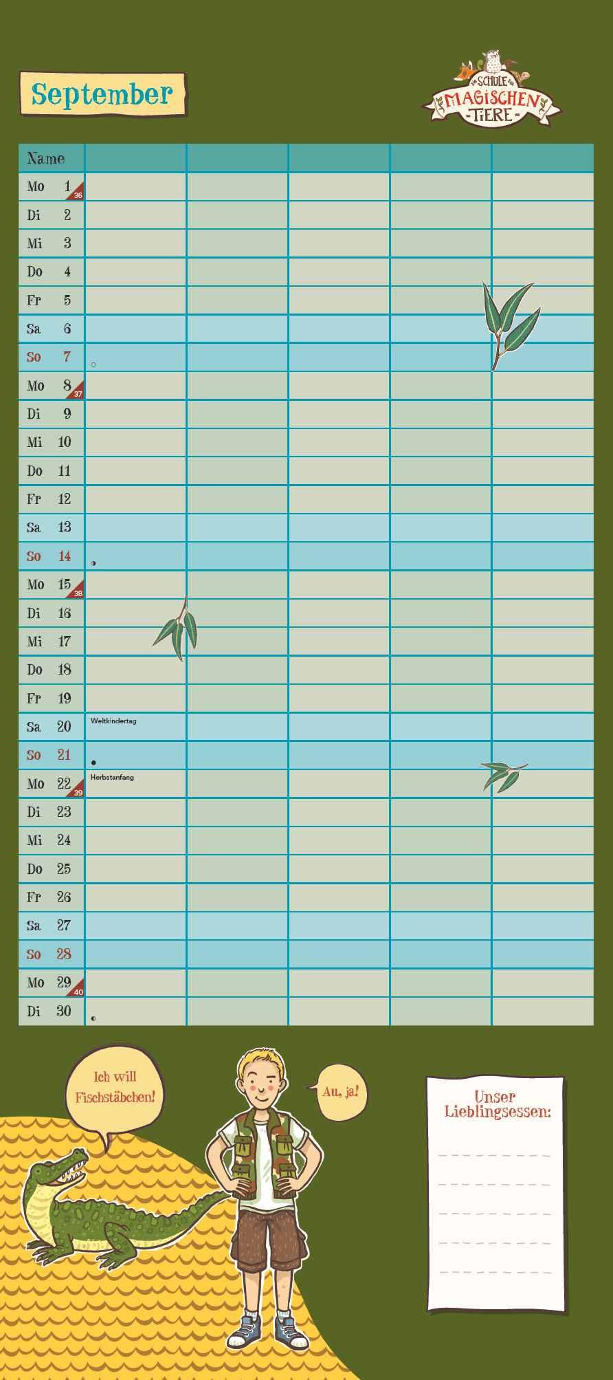 Beispielinhalt (Bild) Schule der magischen Tiere Familienkalender 2025 - Wandkalender - Familienplaner mit 5 Spalten - Format 22 x 49,5 cm