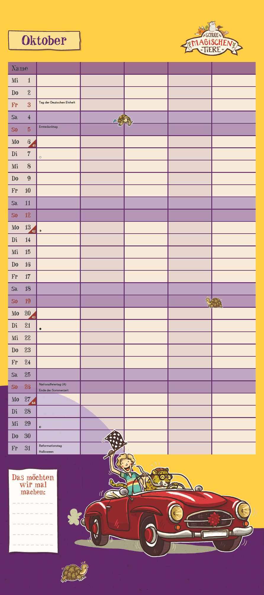 Beispielinhalt (Bild) Schule der magischen Tiere Familienkalender 2025 - Wandkalender - Familienplaner mit 5 Spalten - Format 22 x 49,5 cm