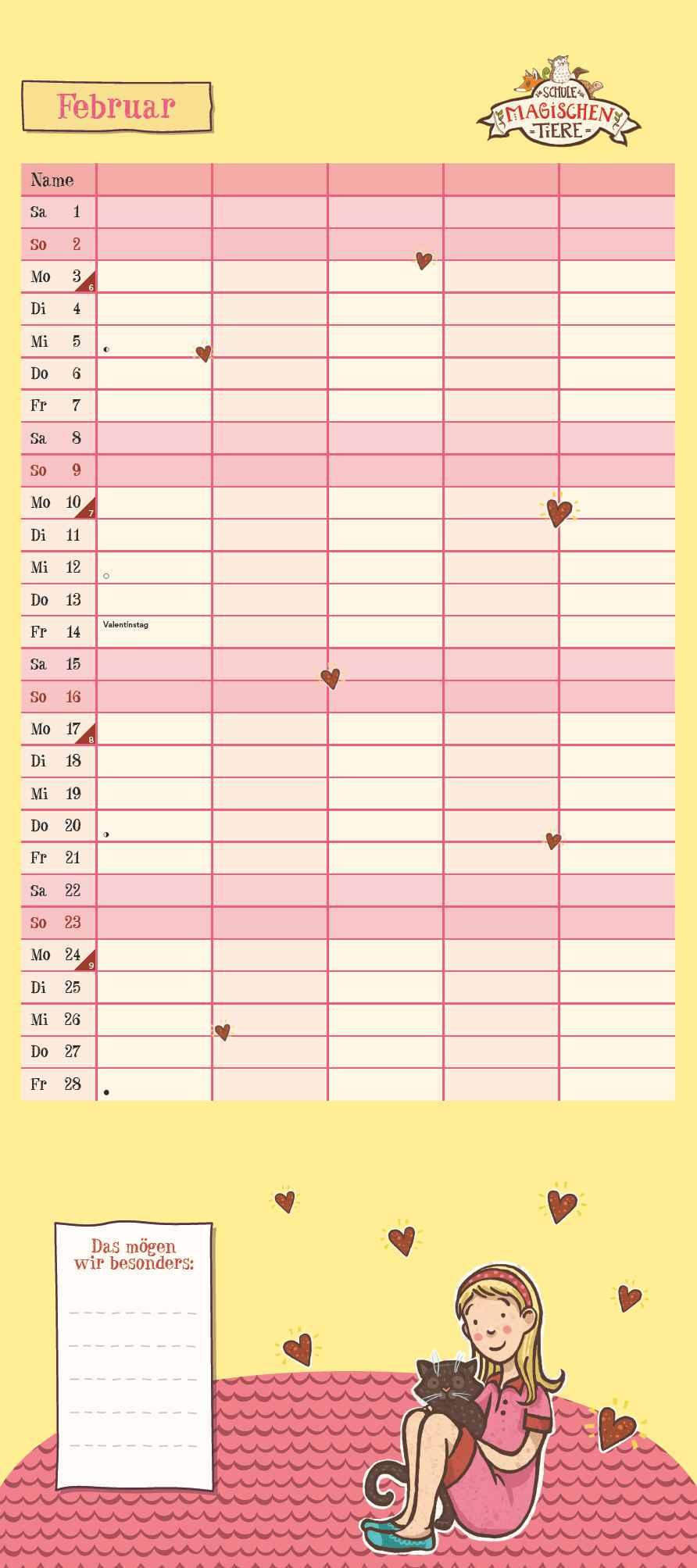 Beispielinhalt (Bild) Schule der magischen Tiere Familienkalender 2025 - Wandkalender - Familienplaner mit 5 Spalten - Format 22 x 49,5 cm