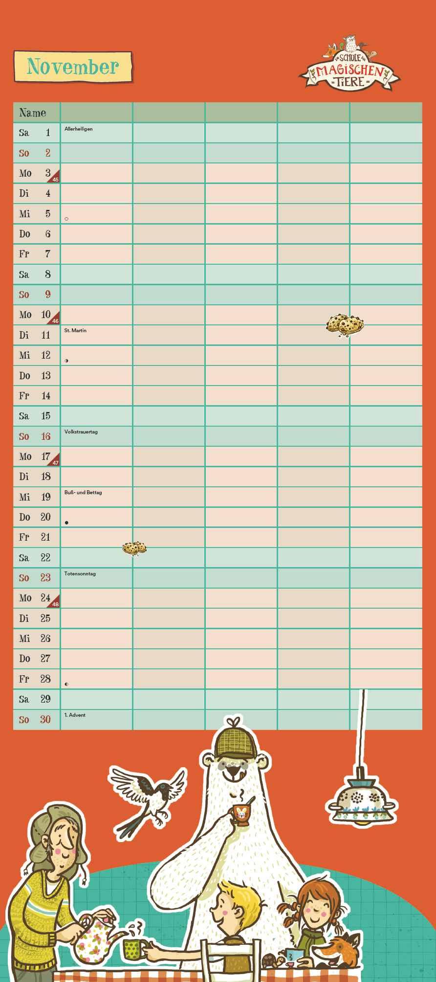 Beispielinhalt (Bild) Schule der magischen Tiere Familienkalender 2025 - Wandkalender - Familienplaner mit 5 Spalten - Format 22 x 49,5 cm