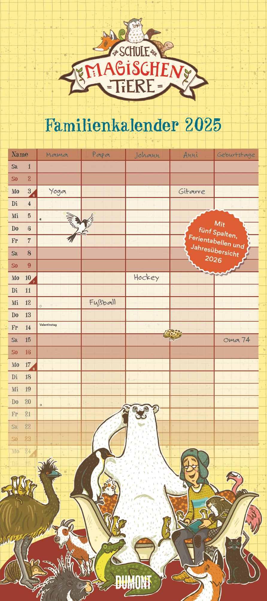 Vorderes Coverbild Schule der magischen Tiere Familienkalender 2025 - Wandkalender - Familienplaner mit 5 Spalten - Format 22 x 49,5 cm