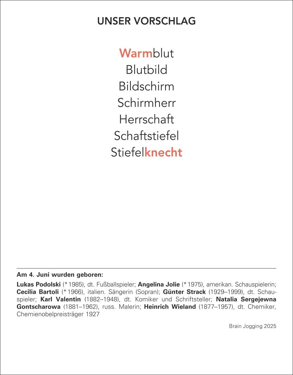 Beispielinhalt (Bild) Brain Jogging Tagesabreißkalender 2025 - Gedächtnis, Konzentration, Logik