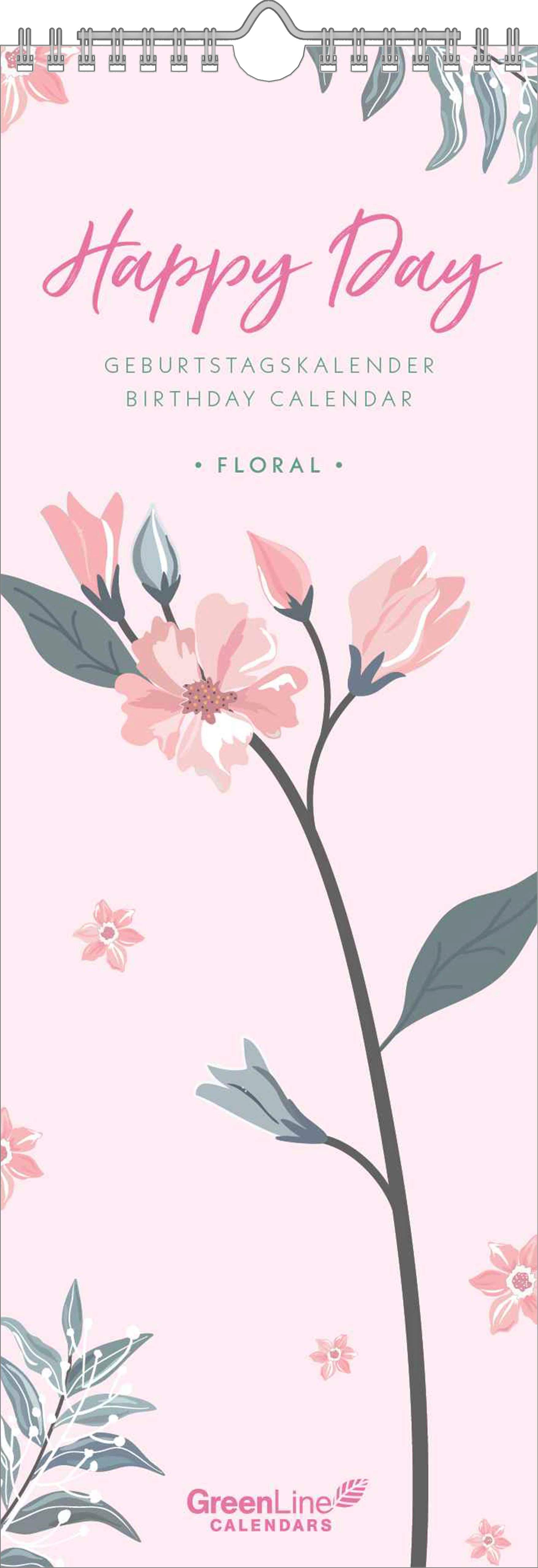 Vorderes Coverbild GreenLine - Floral 2026 Geburtstagskalender, 14,8x42cm, praktischer Wandkalender für Geburtstage und Jahrestage, immerwährendes Kalendarium, mit Spiralbindung