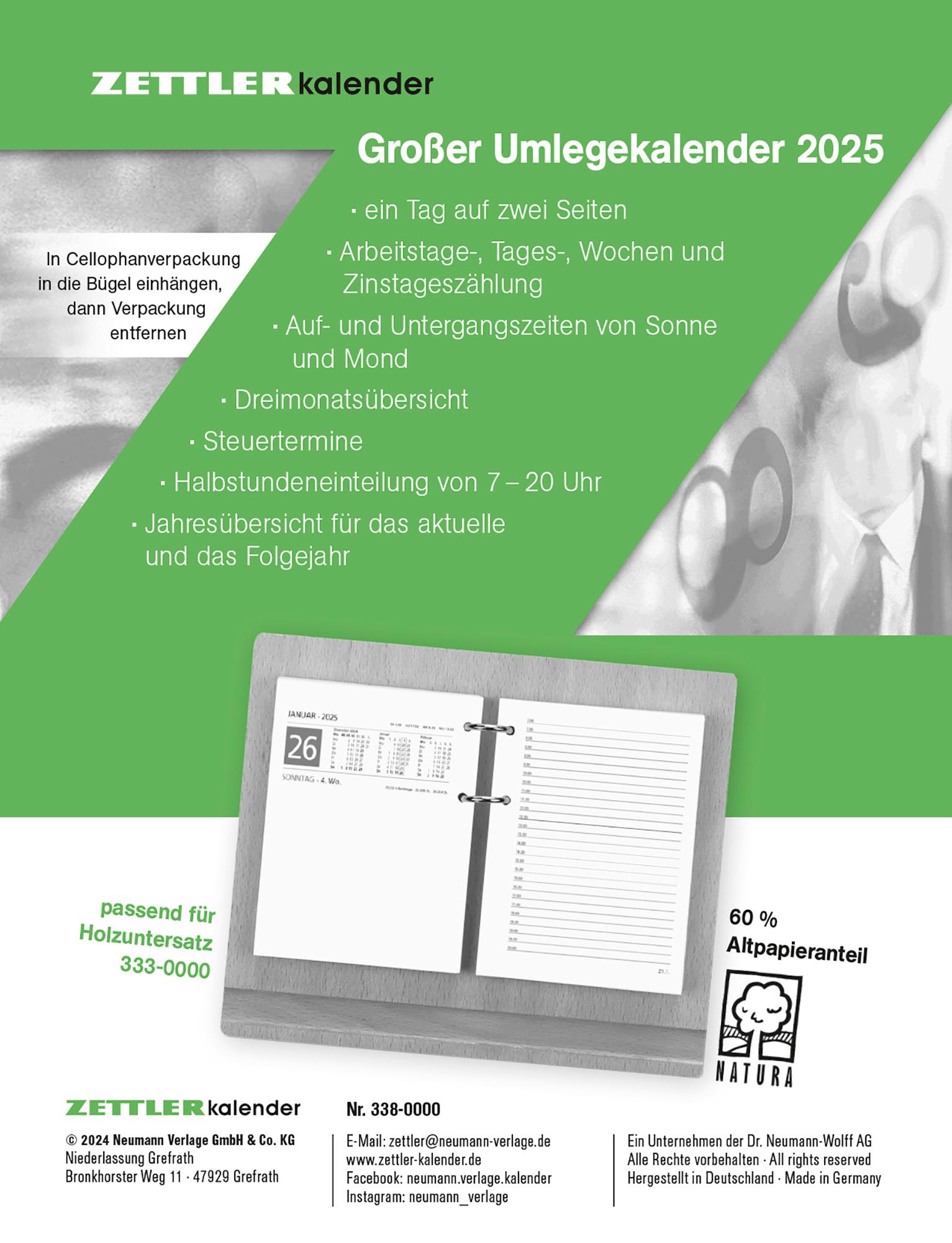 Vorderes Coverbild Großer Umlege-Kalender 2025 - 10,5x14,2 cm - 1 Tag auf 2 Seiten - zum Einheften - Bürokalender mit 2-fach Lochung - Stundeneinteilung von 7 - 20 Uhr - 338-0000