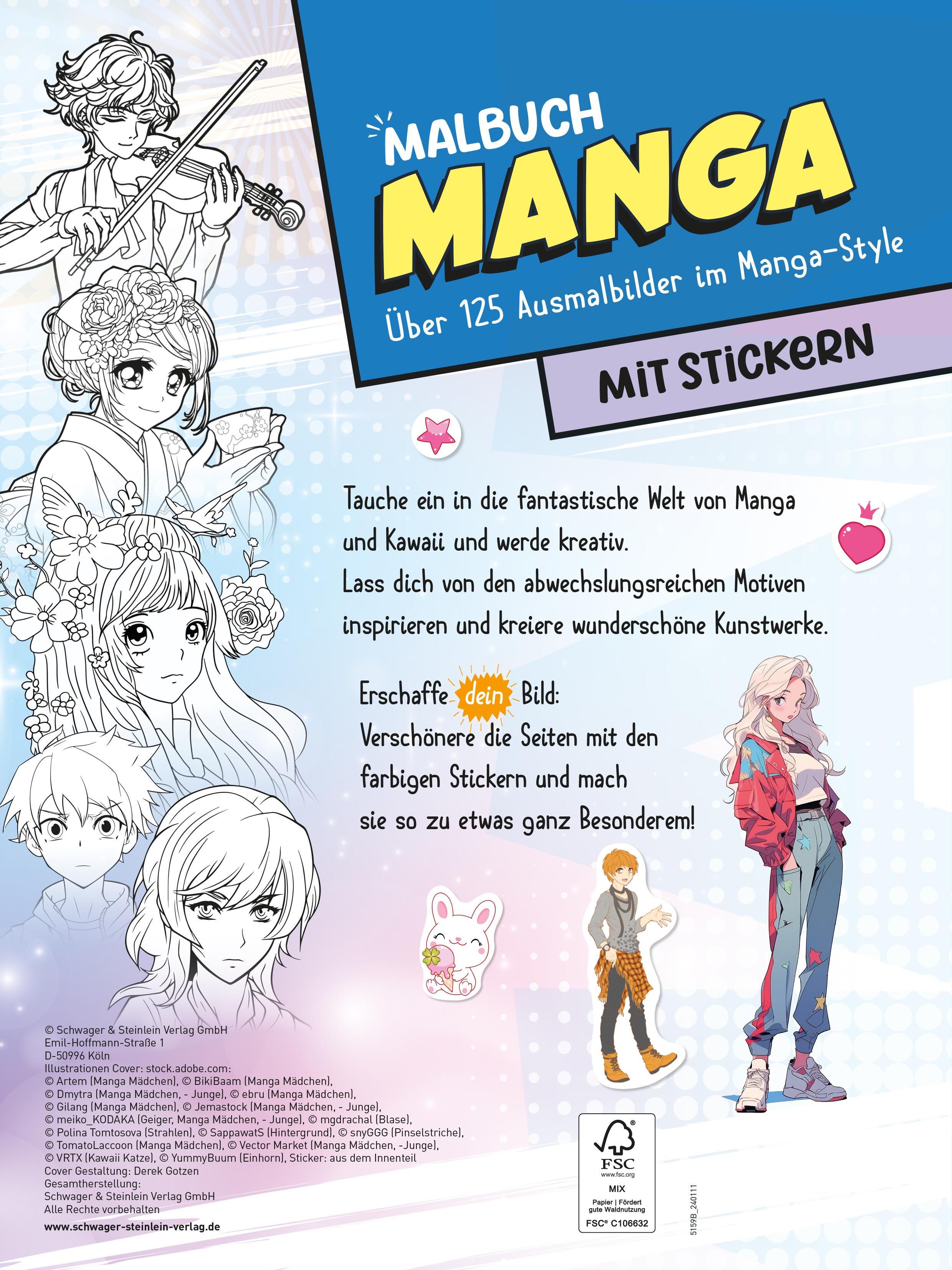 Rückseitencover Extra dickes Manga-Malbuch mit Stickern zum Kreativsein und Entspannen für alle Manga-Fans!