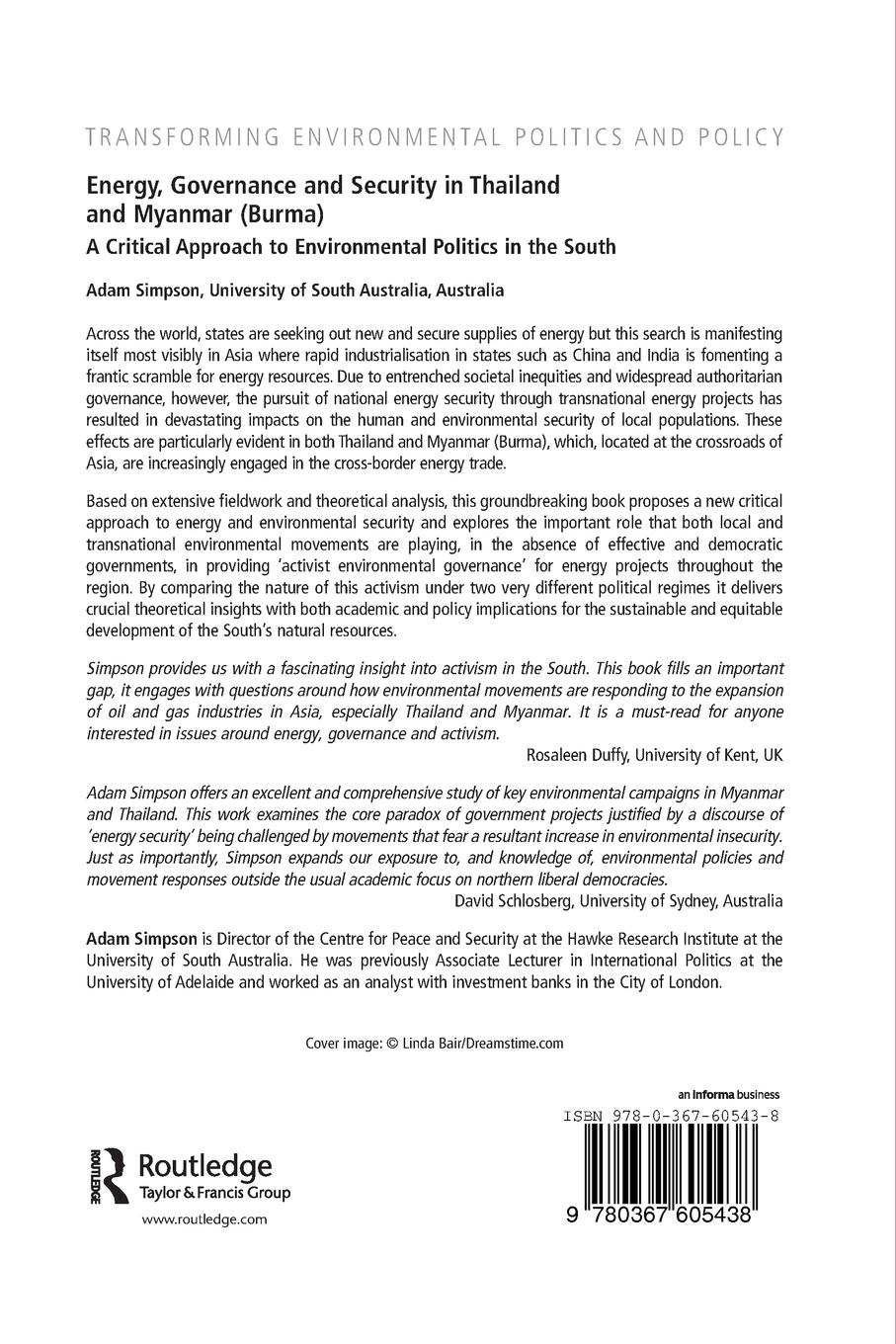 Rückseitencover Energy, Governance and Security in Thailand and Myanmar (Burma)