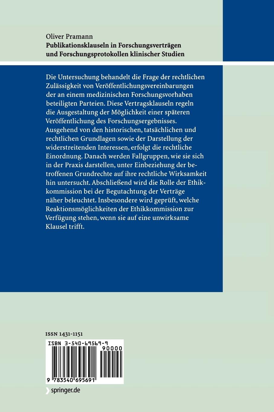Rückseitencover Publikationsklauseln in Forschungsverträgen und Forschungsprotokollen klinischer Studien